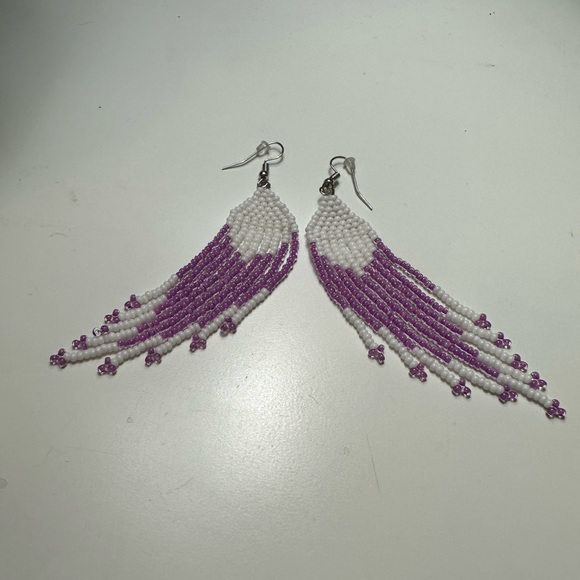 Purple/White Beaded Fringe Earrings Handcrafted - Picture 4 of 4